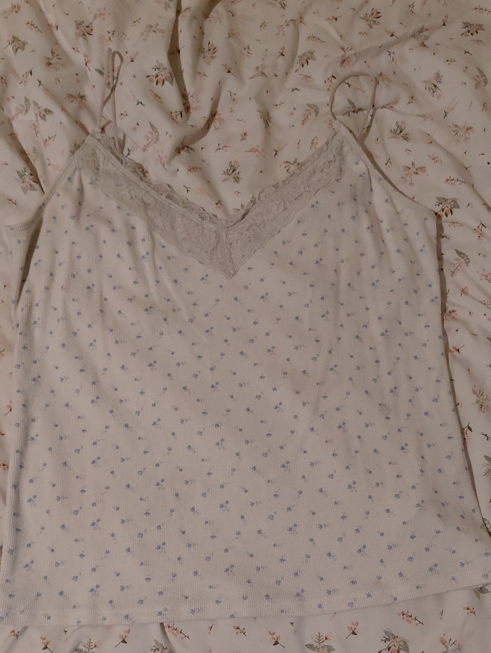 Hollister Cream Lace-Trim Cami with Light Blue Micro Dots